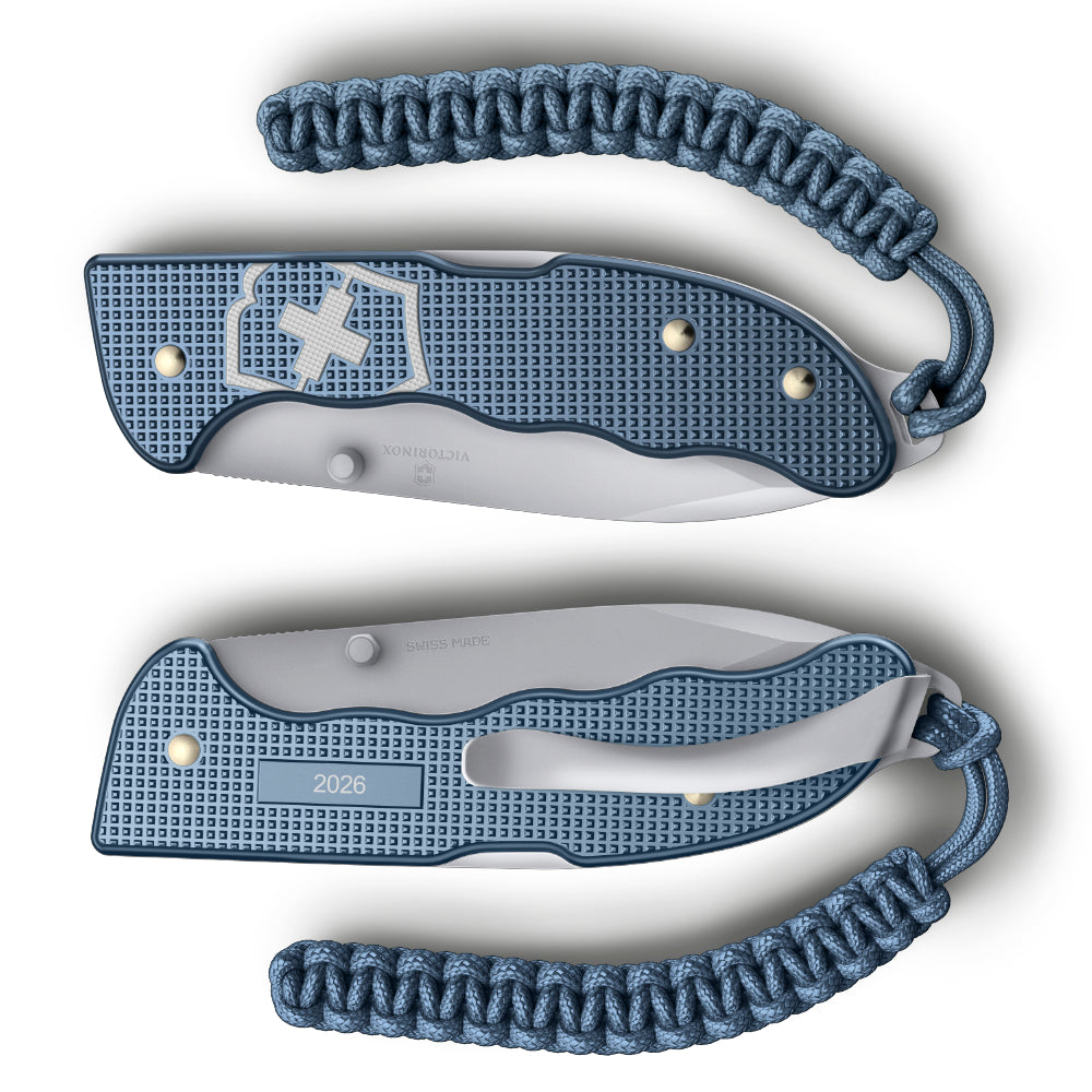Victorinox Glacial Blue Evoke Alox 2026 Limited Edition Swiss Army Knife Front and Back with Engraved Date on Back Panel