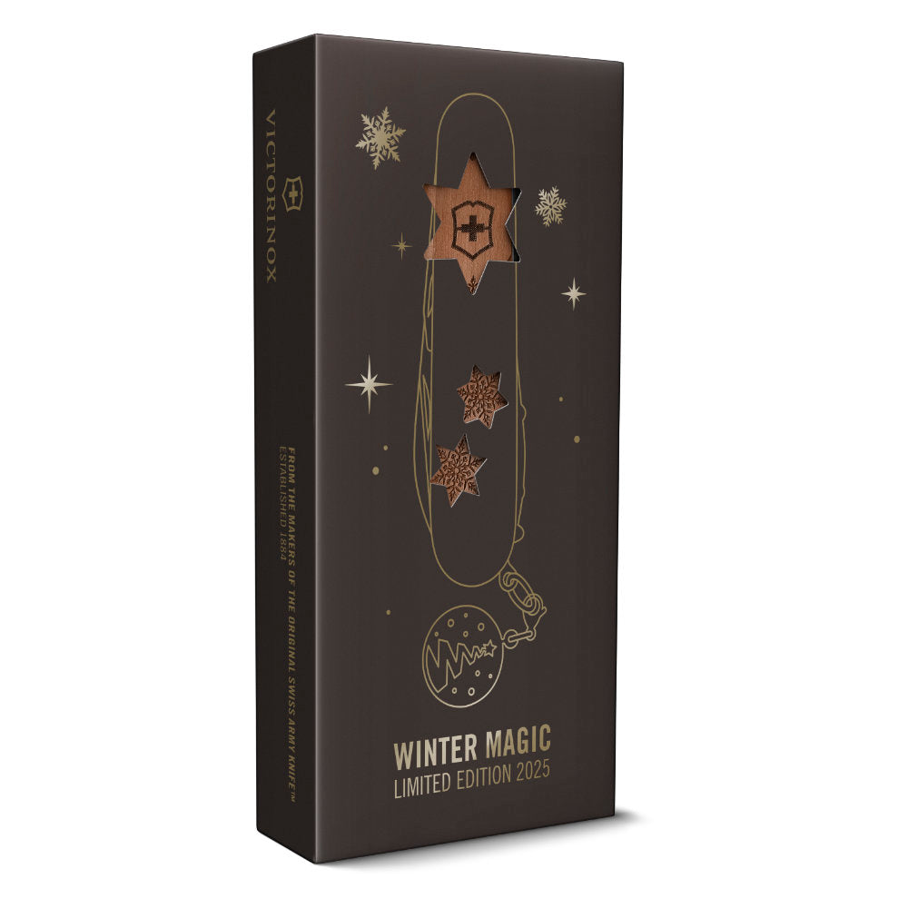 2025 Winter Magic Climber Pear Wood Limited Edition Swiss Army Knife Gift Box Side View