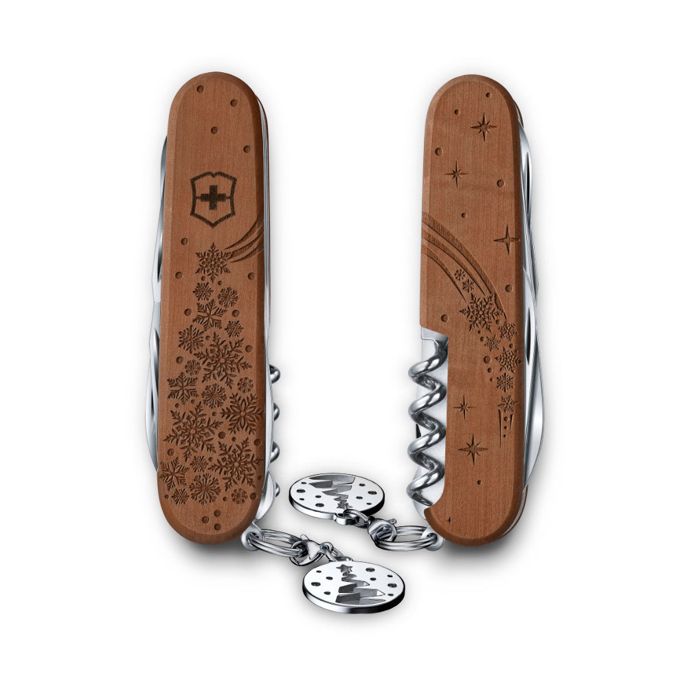 2025 Winter Magic Climber Pear Wood Limited Edition Swiss Army Knife Front and Back View with Charm