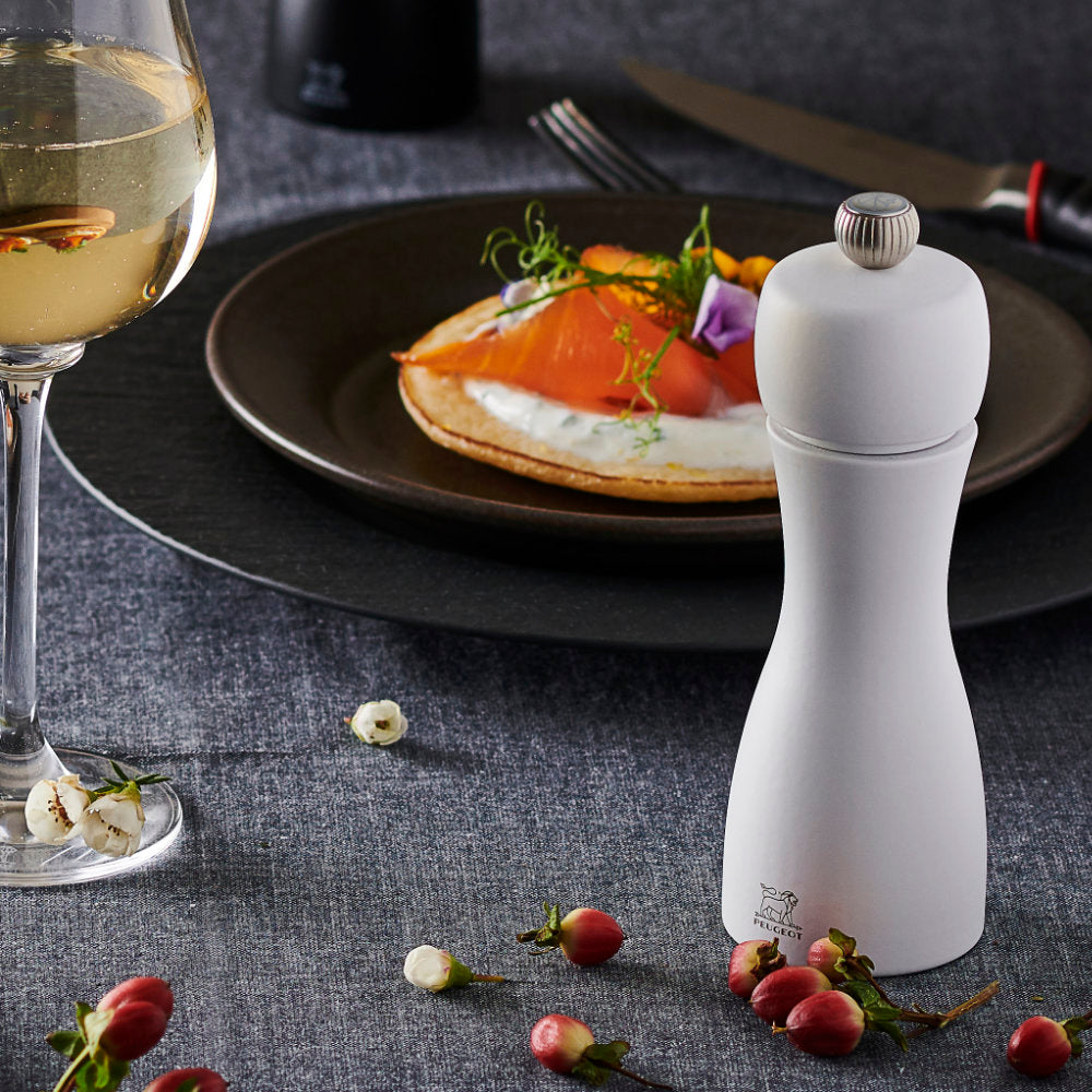 Peugeot Tahiti White Salt Mill on a Table