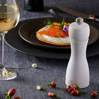 Peugeot Tahiti White Salt Mill on a Table