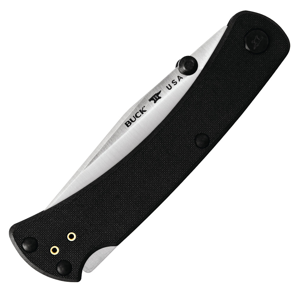 Buck 110 Slim Pro TRX Folding Hunter Knife Folded Closed with Detail of Thumb Stud