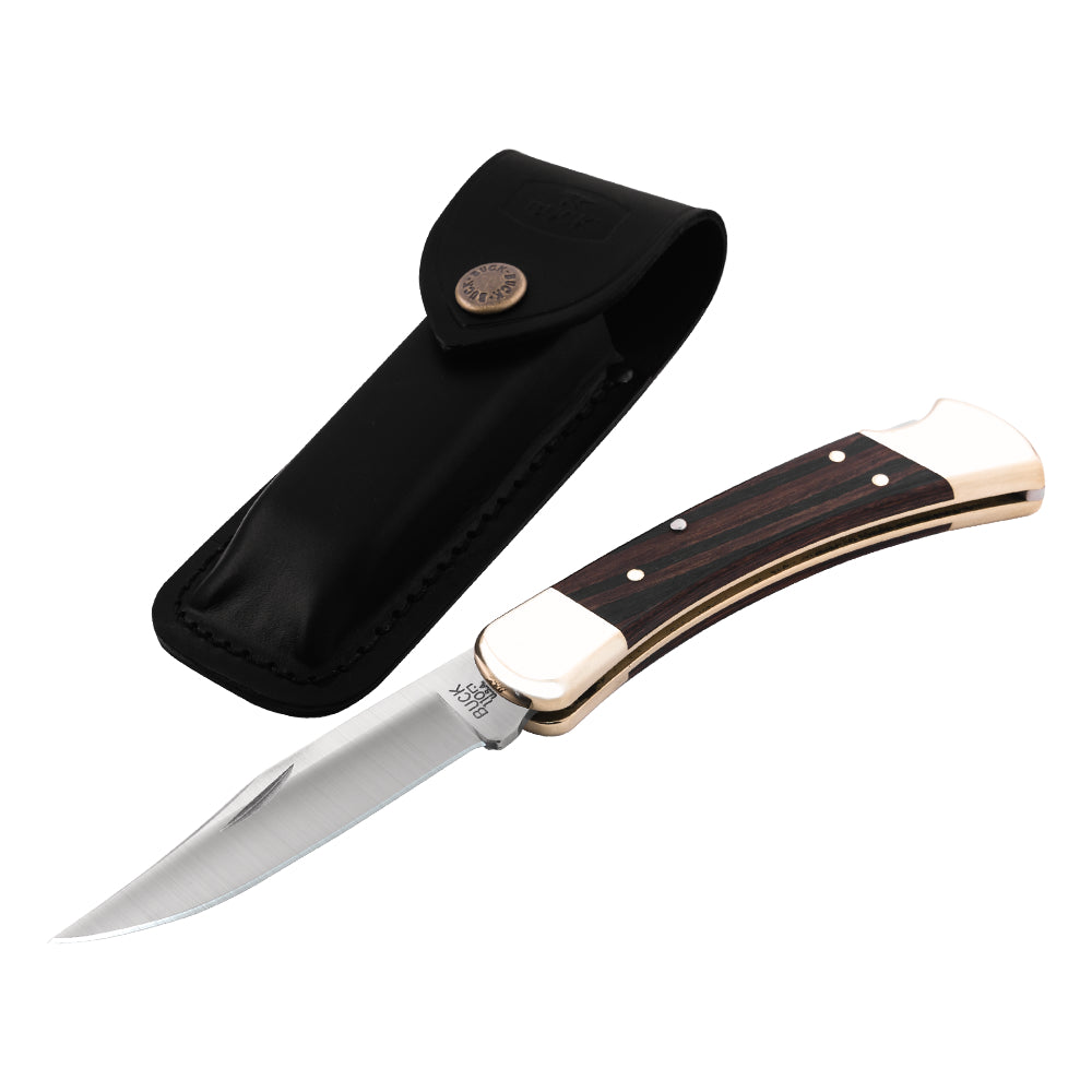 Buck 110 Folding Hunter Knife with Ebony Handle with Leather Pouch