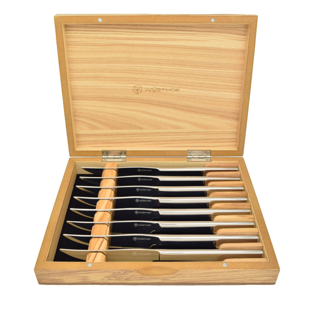 Wusthof 8-Piece Stainless Steel Steak Knife Set in Olivewood Chest at Swiss Knife Shop