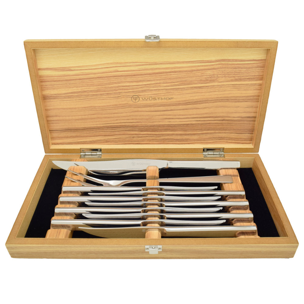 Wusthof 10-Piece Stainless Steel Steak and Carving Knife Set in Olivewood Chest at Swiss Knife Shop